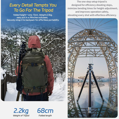 YC Onion Tako T23 Carbon Fiber Tripod with 44mm Ball Head, 3/8" Top Thread, 360° Rotation, 3 Leg Sections, One Flip Quick Release, Travel Tripod Stand for DSLR Cameras,Camcorders (Max Load 22lb)