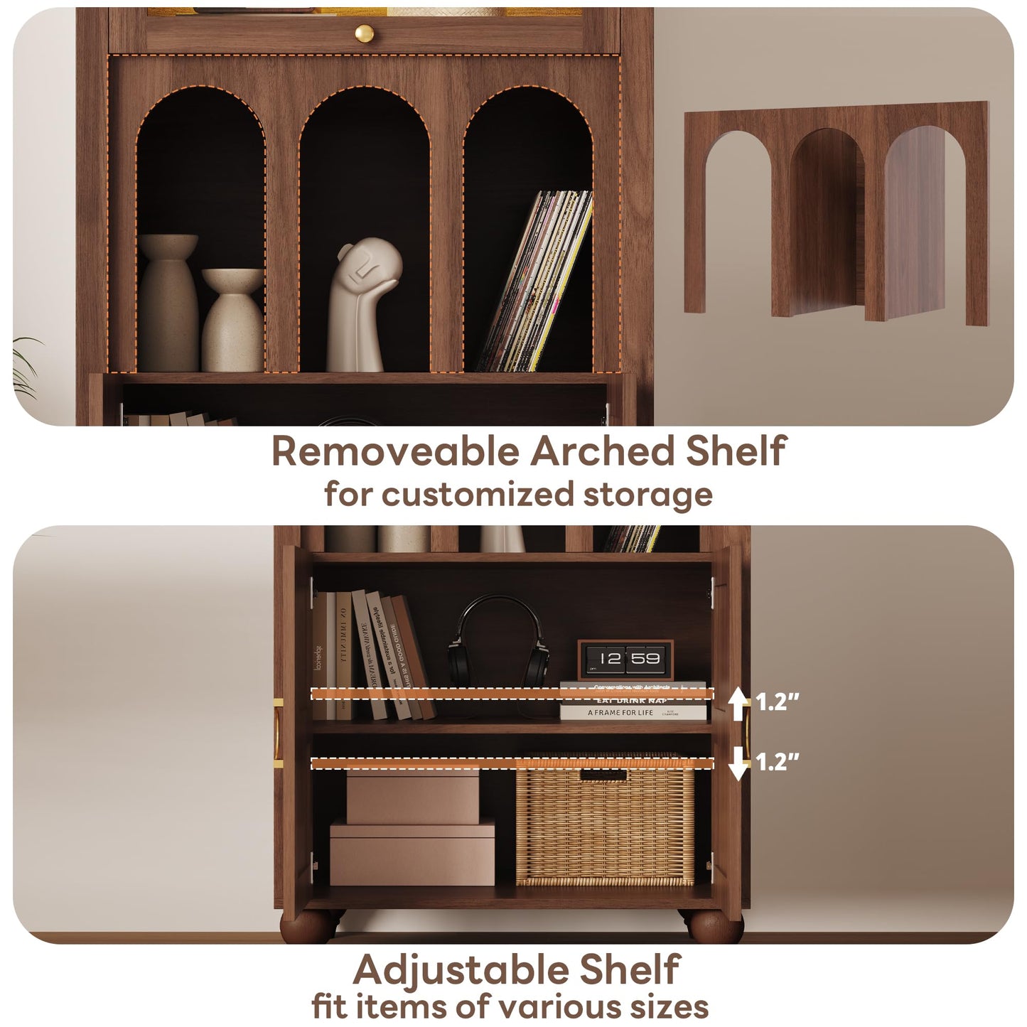 LIKIMIO 72.8" Tall Arched Cabinet, 5-Tier Bookshelf, LED Light Display Cabinet with Glass Doors, Rattan Storage Pantry with Adjustable Arch Shelf for Kitchen, Living Room, Office, Walnut