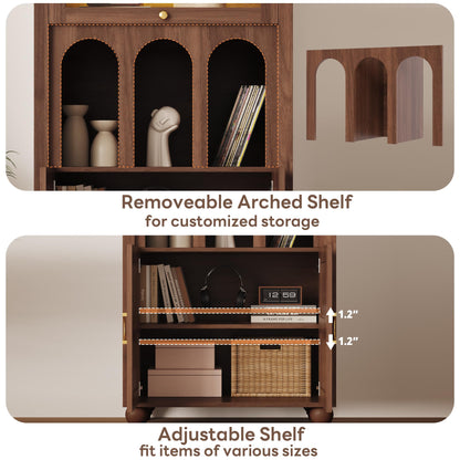 LIKIMIO 72.8" Tall Arched Cabinet, 5-Tier Bookshelf, LED Light Display Cabinet with Glass Doors, Rattan Storage Pantry with Adjustable Arch Shelf for Kitchen, Living Room, Office, Walnut