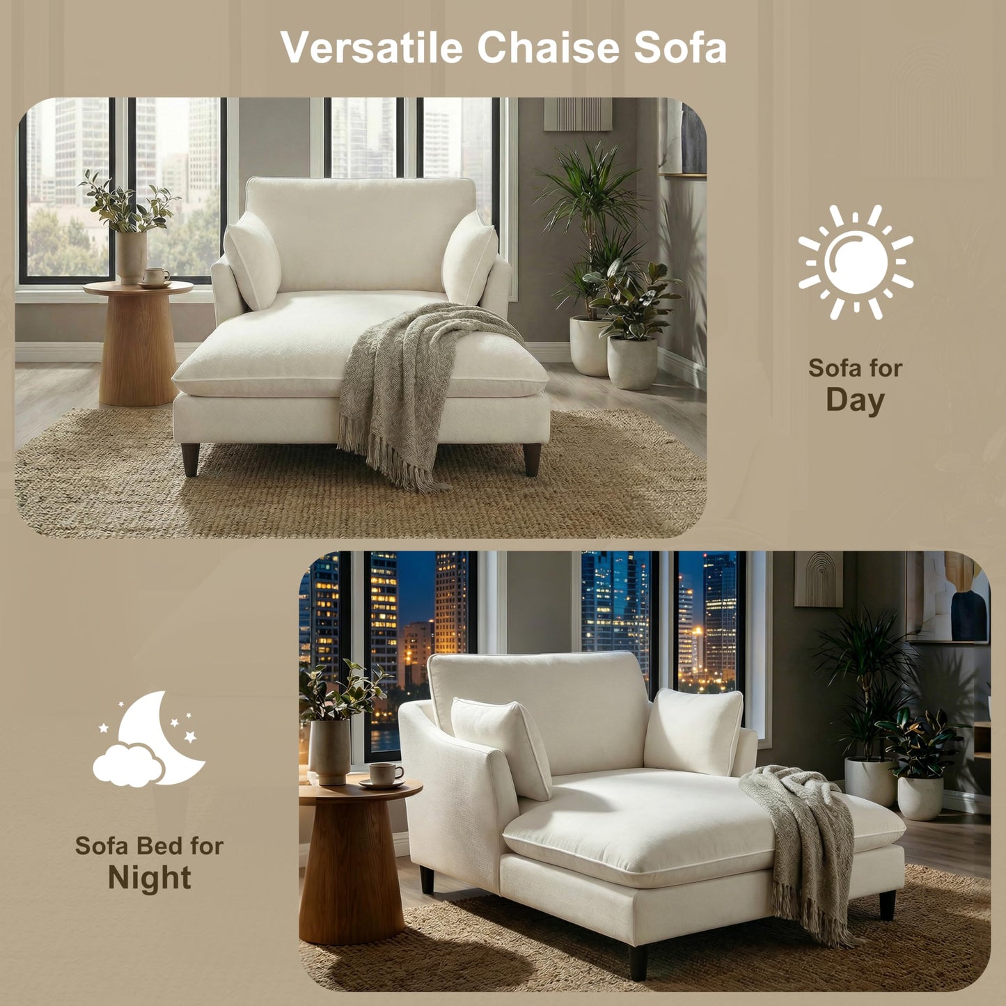 Merax Boneless Chaise Lounge Chair Indoor, 51.2" Modern Oversized Chaise Lounge Reading Chairs with 2 Pillows, Comfy Chenille Sleeper Sofa Couch for Living Room Bedroom Apartment, Beige