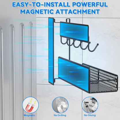 JulktLli 5 Pack Multifunctional Magnetic Shelves for Washing Machine & Refrigerator - Heavy Duty Laundry Room Organization System with Tool Hooks, Metal Storage Baskets (Black)