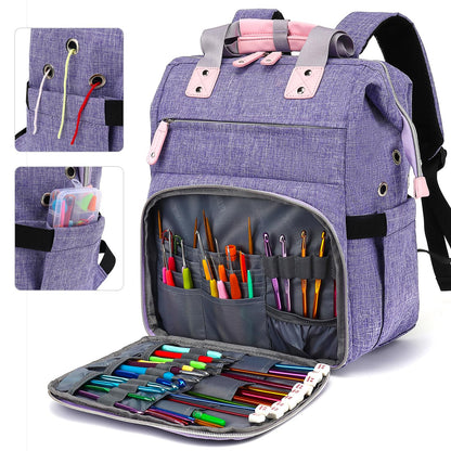LTINVECK Knitting Bag Backpack,Yarn Storage Organizer Travel Crochet Bag,Large Capacity Tote Bag Yarn Holder Case for Carrying Projects, Knitting Needles, Crochet Hooks,Purple