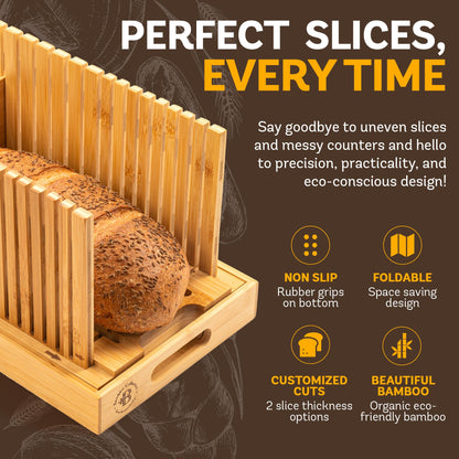 Bread Slicer for Homemade Bread - Bambüsi Upgraded Adjustable Bamboo Bread Cutter Board, Foldable Slicing Guide with Crumb Tray for Sourdough, Artisan Loaves, Bagels, Cakes, Bakery Kitchen Gadget Gift