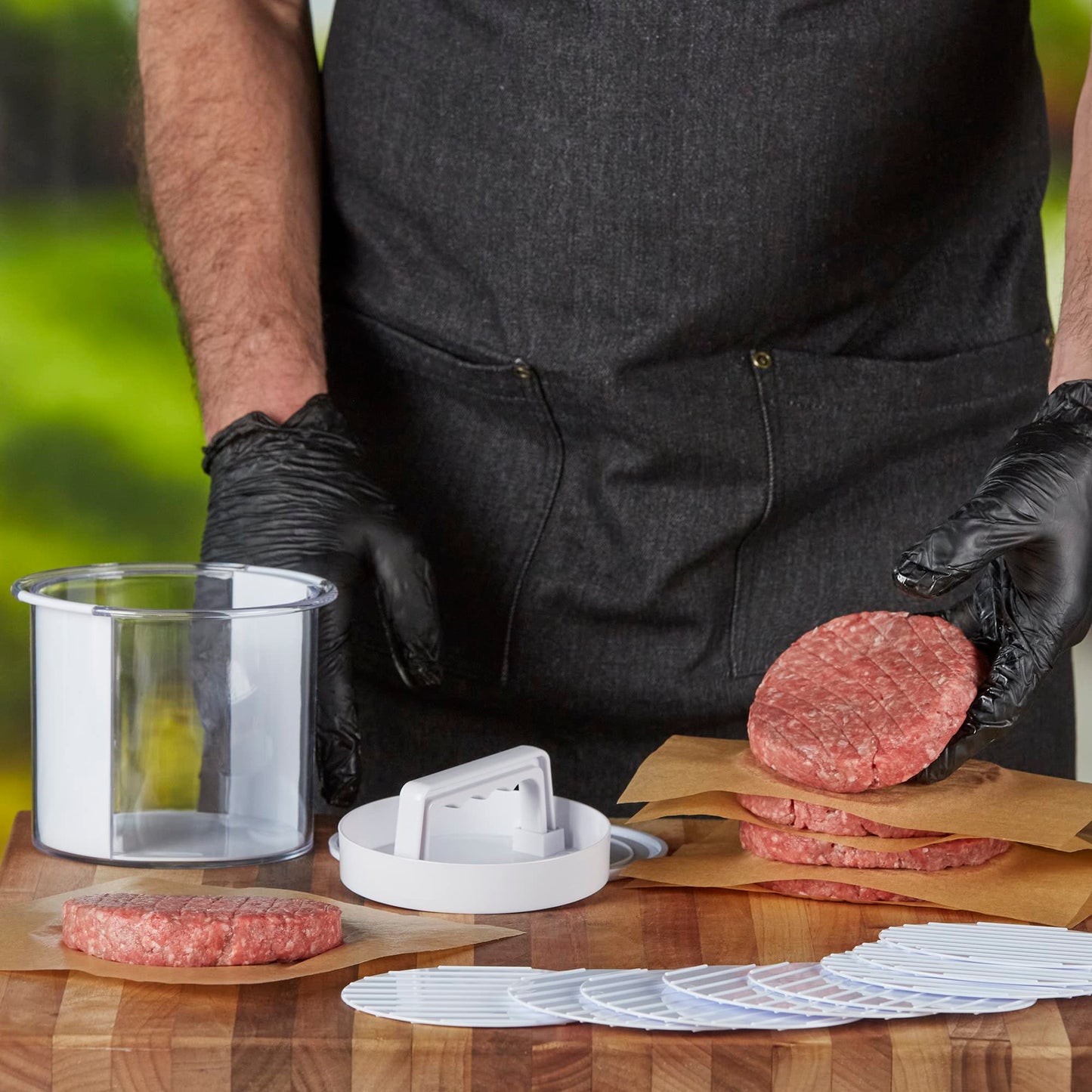 Mr. Bar-B-Q Hamburger Press Patty Maker - Non-Stick Burger Mold Shaper with Freezer Storage Container - 12-Piece Set with 8-Layer Plastic Discs for BBQ Grill - #40231Y
