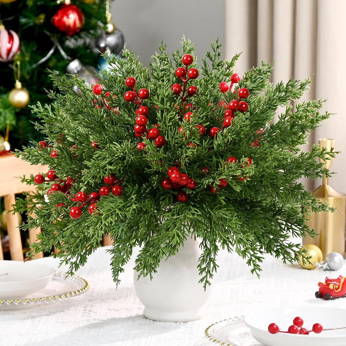 60 12.9" Waipfaru Pcs Christmas Artificial Pine Branches, Faux Evergreen Norfolk Pine with Red Berry Stems, Greenery