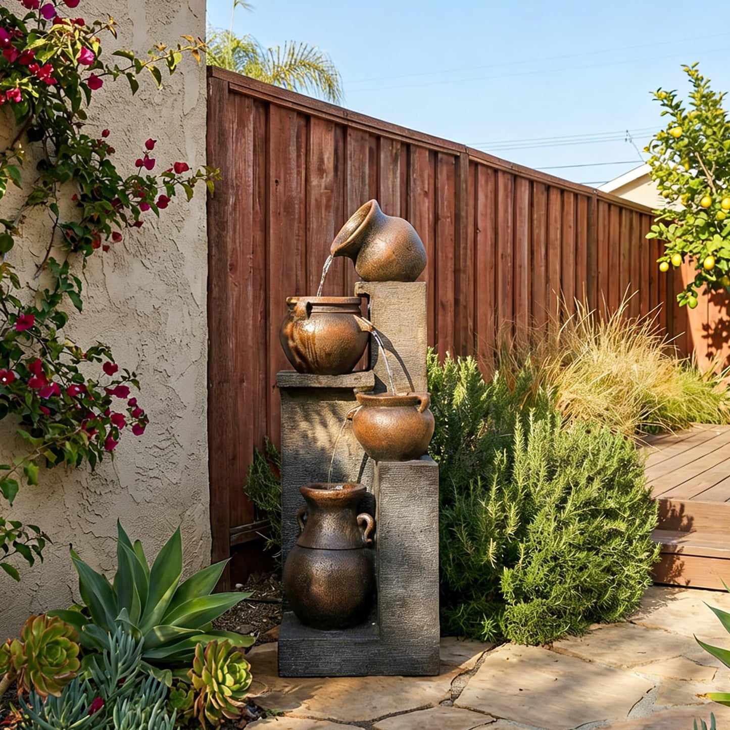 Bumilgar 53" H Large Outdoor Water Fountain with Lights - 4 Tiered Cascading Bowls Waterfall Fountain for Garden, Patio, Backyard, Porch Inside - Freestanding Outdoor Water Feature Gold