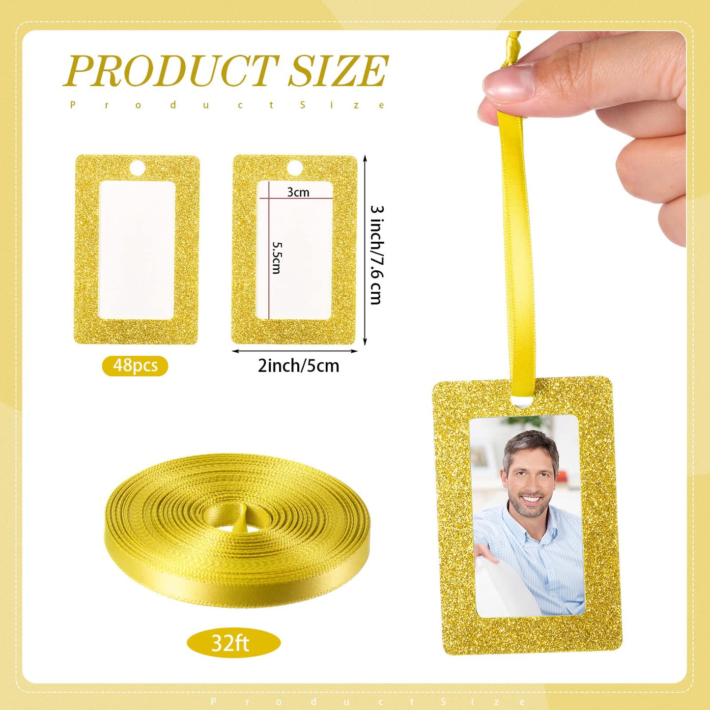 Queekay 48 Pieces Christmas Photo Ornament Frames 2 x 3 Inch Hanging Picture Xmas Gifts Glitter Mini Frames with Ribbon DIY Crafts Hanging on Christmas Trees Easter Wedding Decorations(Gold)
