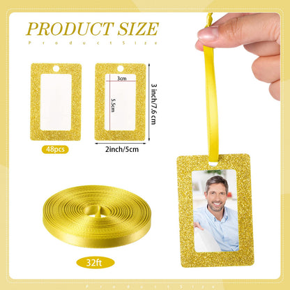 Queekay 48 Pieces Christmas Photo Ornament Frames 2 x 3 Inch Hanging Picture Xmas Gifts Glitter Mini Frames with Ribbon DIY Crafts Hanging on Christmas Trees Easter Wedding Decorations(Gold)