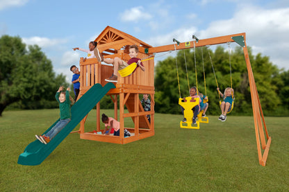 Timber Valley Cedar Backyard Playset | Multi | W:15'9" D:11'10" H:9'3" | 2-Person Glider, 2 Belt Swings & Green Slide | Kids Age 3-12 | DIY Outdoor Swingset | ASTM Standards | 10-Year Wood Warranty