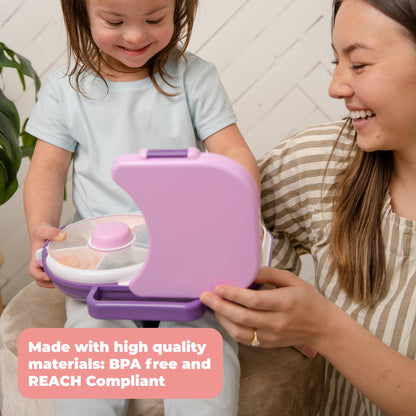 GoBe Kids Lunchbox with Small Snack Spinner Flip - Bundle with Hand Strap & Sticker Sheet, 2-in-1 Bento Style Lunch Container, 5 Small +1 Large Sandwich Compartment, BPA & PVC Free - Taro Purple