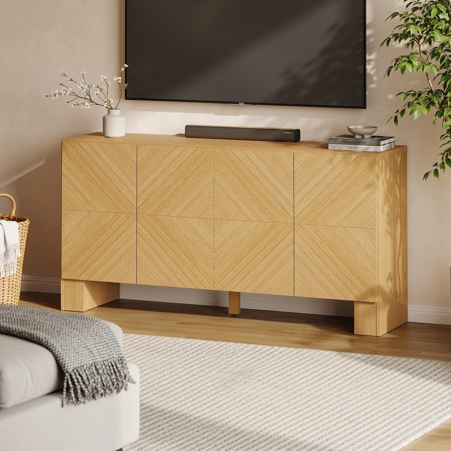 ModernMate 63" Sideboard Buffet Cabinet with Storage, Wood Storage Cabinet with 4 Doors, Large Credenza Sideboard with Adjustable Shelve, Buffet Table for Kitchen, Dining Room, Hallway, Natural Oak