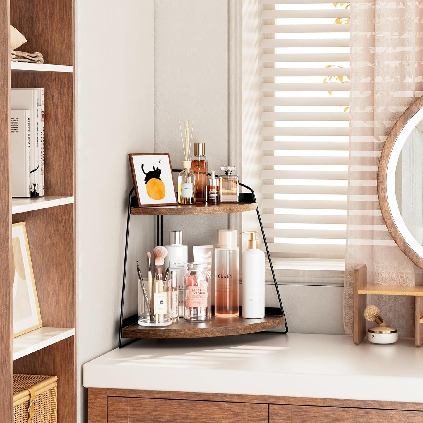Puricon 2 Tier Corner Bathroom Counter Organizer, Wood Vanity Shelf for Skincare Storage, Brown Bathroom Organizers
