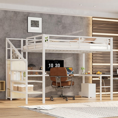 KEIKI Metal Loft Bed Queen Size with L-Shaped Desk, USB Port, Wardrobe, Adjustable Shelf, and LED Lights, High Loft Bed with Stairs for Teens and Adults, White Wood Grain
