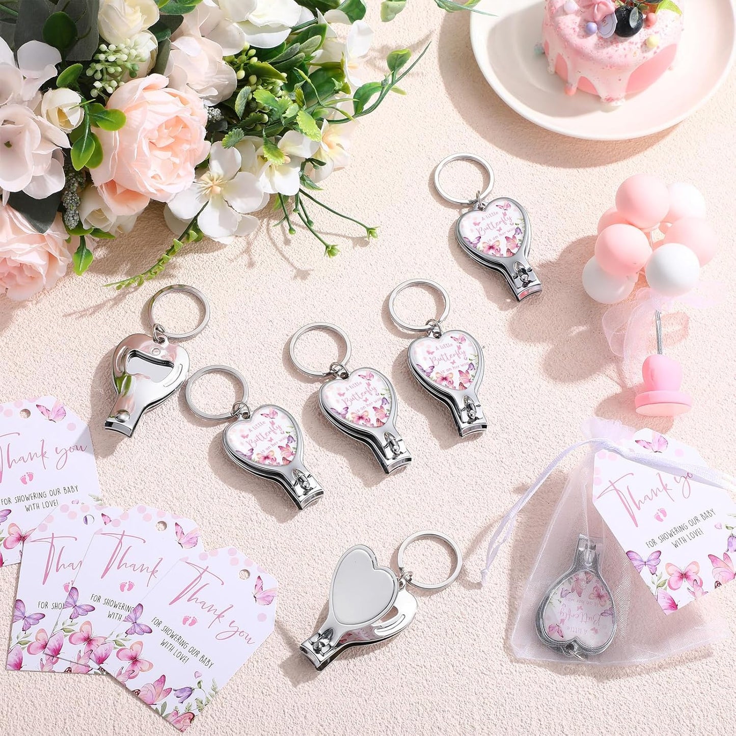 25 Sets Wesiti Baby Shower Favor for Guests Butterfly Keychain with Nail Clipper and Bottle Opener Thank You Tag Card