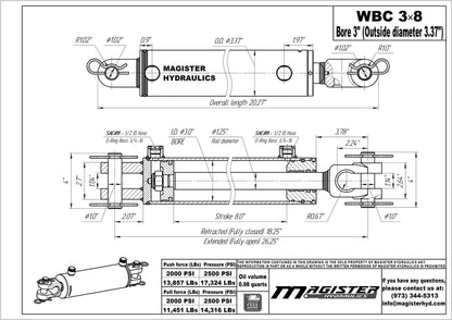 Magister Hydraulics Double Acting Hydraulic Cylinder - AG Clevis Hydraulic Cylinder 2500 PSI tie-Rod Alternative 3" bore 8" Stroke (3x8)