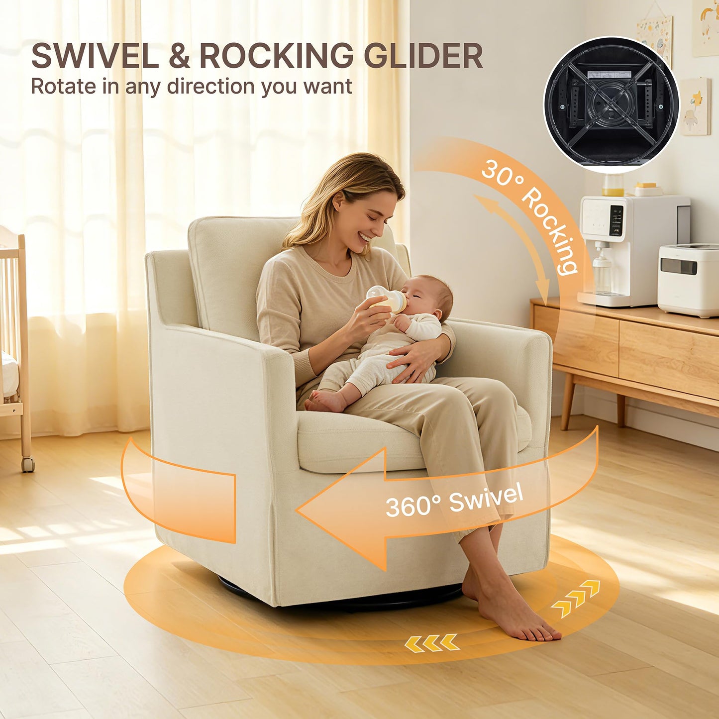 KISLOT Swivel Accent Chair with Ottoman, Rocking Recliner 360 Degree Swivel Armchair Machine-Washable Cover for Nursery Living Room Bedroom