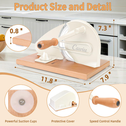 CAWIU Upgraded Manual Bread Slicer for Homemade Sourdough Bread - Adjustable Thickness Bread Cutter with Hand Crank, Suction Cups, Slicing Guide, Scale Line & Cover, for Perfect Even Slices (Cream)