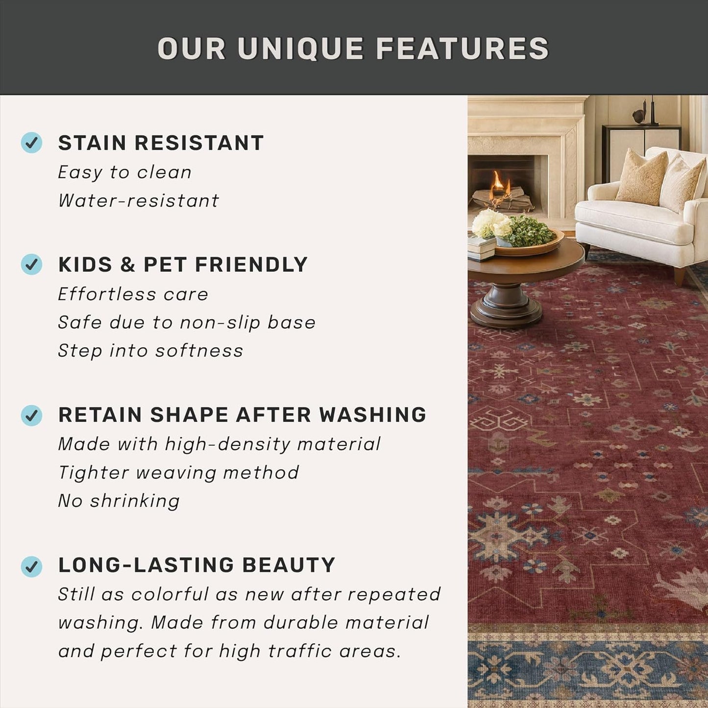 Skiennix Dark Red Hallway Runner Rug - 10ft Washable Non-Slip Indoor Mat | Soft Low Pile Boho Floral Design