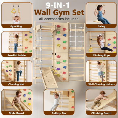 Cofiyard 9-in-1 Swedish Ladder Wall Gym & Climber, 94.5'' Wooden Wall-Mounted Climbing Set with Double-Sided Slide, Swing, Rope, Rings, Monkey Bars, Kids Indoor Playset, Wooden Climbing Jungle Gym