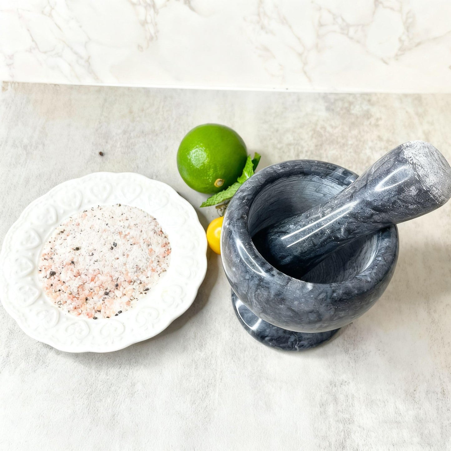 MASALACO Marble Heavy Duty Mortar and Pest Set, Grinding Seed Fragrance, Kitchen Masher, Fragrance Grinder, Black