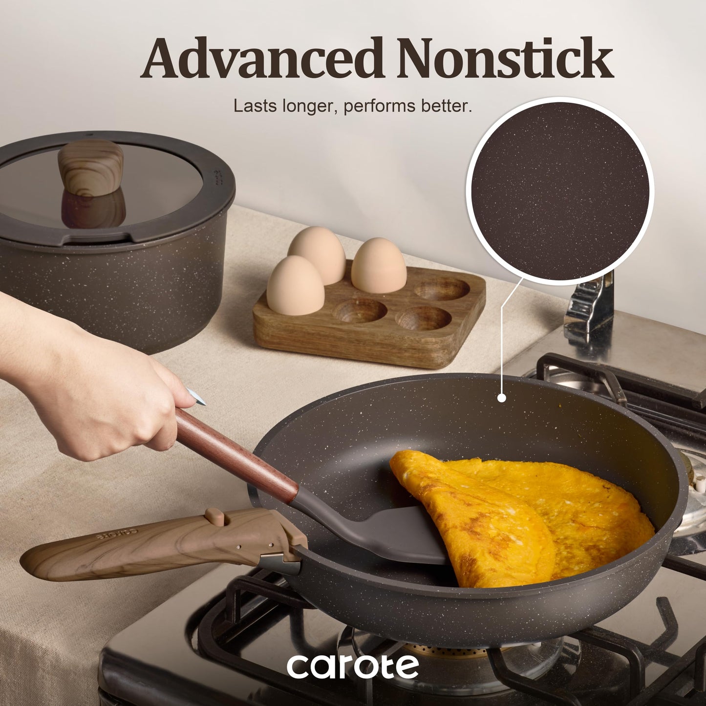 CAROTE 21PCS Pots and Pans Set Non Stick with Detachable Handle, Nonstick Cookware Sets, Cooking Kitchen Set, Oven/Dishwasher Safe, Induction Cookware, Brown, RV Kitchen Pot and Pan