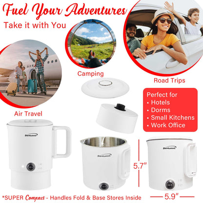 Brentwood KT-1504W 27oz Electric Travel Kettle & Hot Pot, Collapsible, Cool Touch Double Wall Stainless Steel Construction, Cordless with 360° Base, Auto Shut Off, Boil Dry Protection (White)