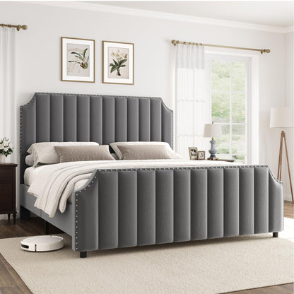 GarveeHome King Size Platform Bed Frame with 50.2 in Headboard, Velvet Upholstered Bed Frame with Vertical Channel Tufted Headboard & Footboard, Nailhead Trim, No Box Spring Needed, Grey