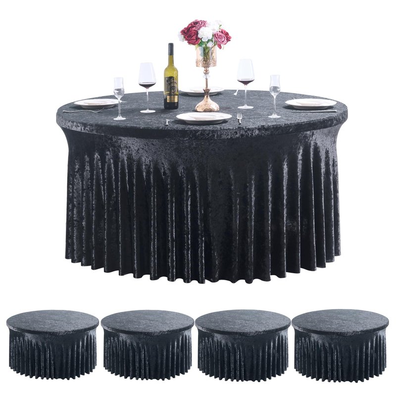 Outpain 4Pack 60 Inch Round Velvet Tablecloths - 120 Inch Stretch Spandex Table Cover with Floor-Length Skirt, Wrinkle-Free Luxury Elastic Table Cloths for Weddings,Banquets,Events (Black)