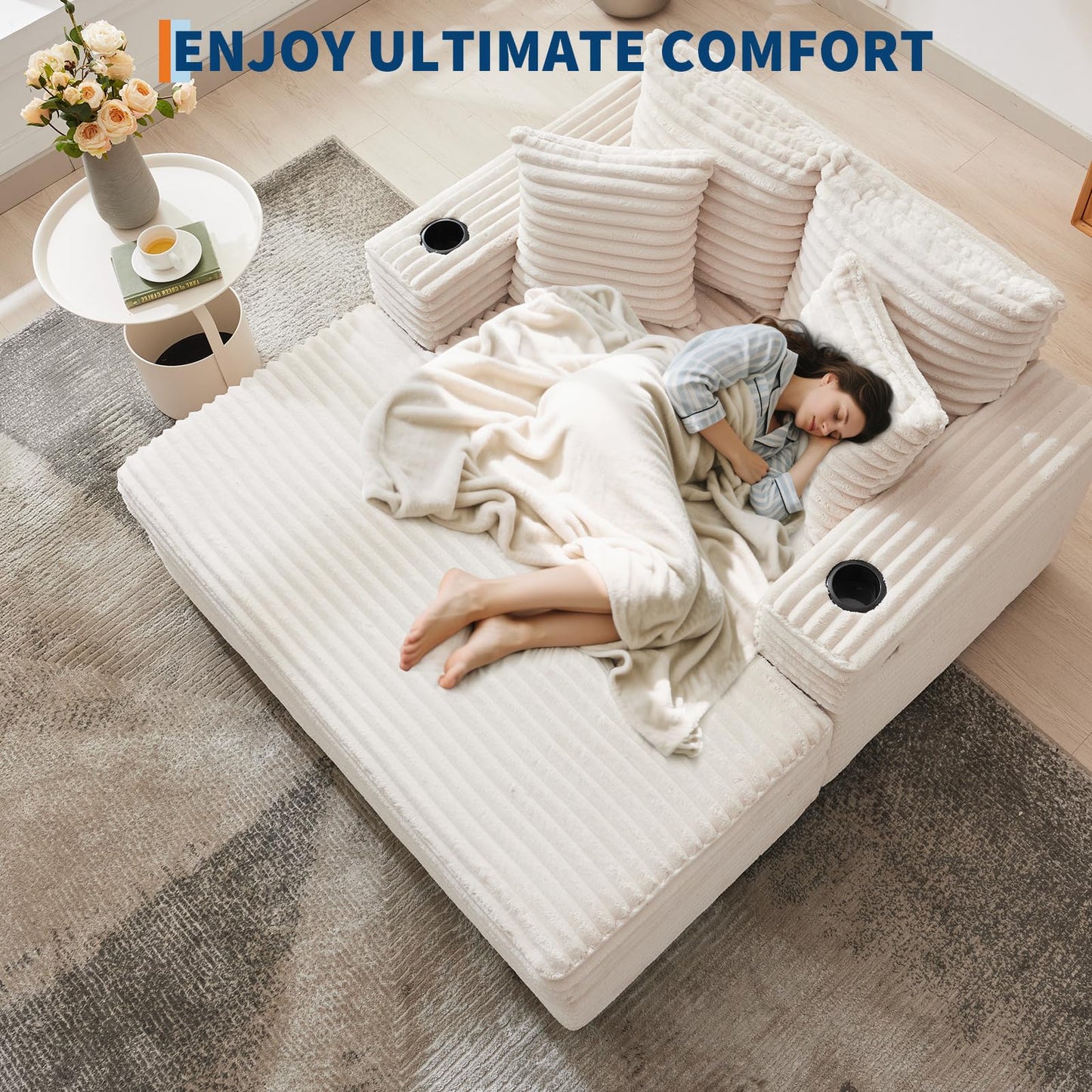 GarveeHome 60-inchOversized Chaise Lounge Chair Indoor, Comfy Corduroy Lounge Sofa with Charging Station, Cup Holders & Throw Pillows, Cozy Sleeper Couch for Living Room Apartments, Beige