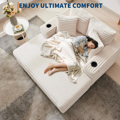 GarveeHome 60-inchOversized Chaise Lounge Chair Indoor, Comfy Corduroy Lounge Sofa with Charging Station, Cup Holders & Throw Pillows, Cozy Sleeper Couch for Living Room Apartments, Beige