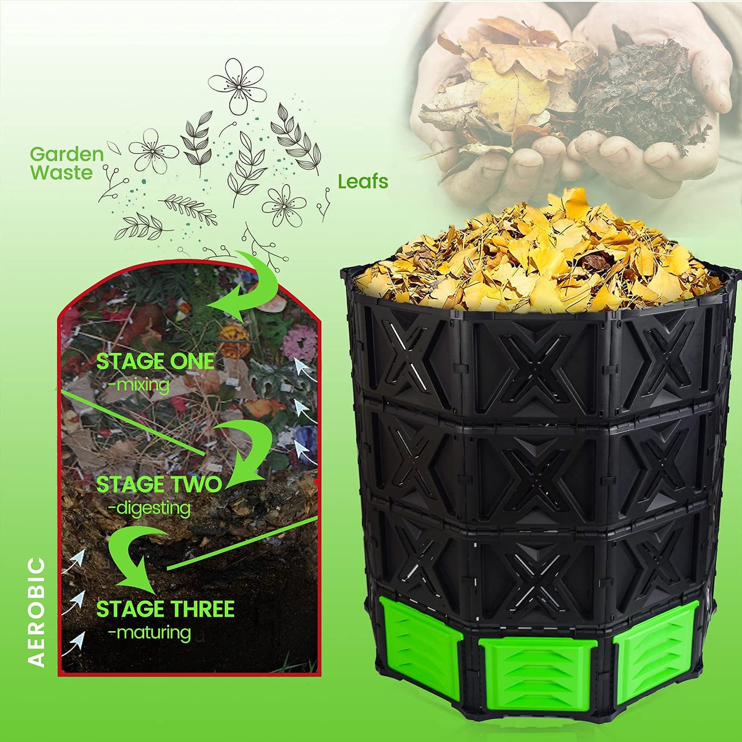 SQUEEZE master XXL Large Compost Bin Outdoor- 720L /190 Gallon-Easy Assembly-No Screws-Sturdy& Durable-Green Door