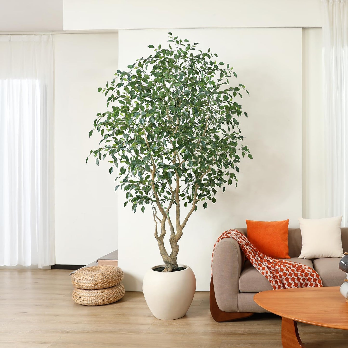 SOGUYI Ficus Tree Artificial Indoor, 8 Feet Tall Faux Ficus Tree with Round Artisan Planter, Premium Handmade, Realistic Trunk & Lifelike Leaves, Perfect for Large Spaces & Elegant Home/Office Decor