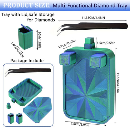 Diamond Painting Tray with Lid and Tweezer, Rhinestone Storage Tray with Lid & 2 Storage Bucket Design, Easy Pour Bead Tray, Diamond Art Kits for Adults, Diamond Art Accessories Tools (Blue Green)