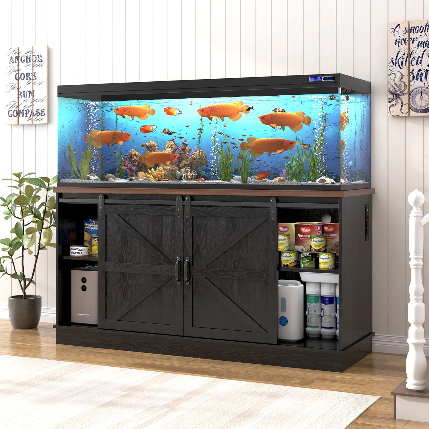 Hlivelood Farmhouse 75-120 Gallon Fish Tank Stand with Power Outlet, Aquarium Stand w/Cabinet&Sliding Barn Door, Heavy Duty Reptile Tank Stand for Fish/Turtle/Reptile Terrarium, 1000LB Capacity, Black
