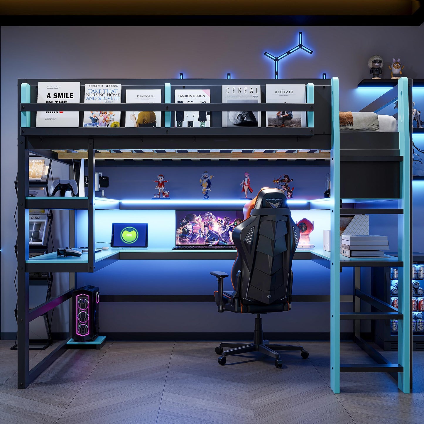 DNYN Gaming Loft Bed with Built-in Desk and Storage Shelves for Teens/Adults Bedroom, Space-Saving Full Size Wooden Bed Frame with LED & Side Race, No Box Spring Needed