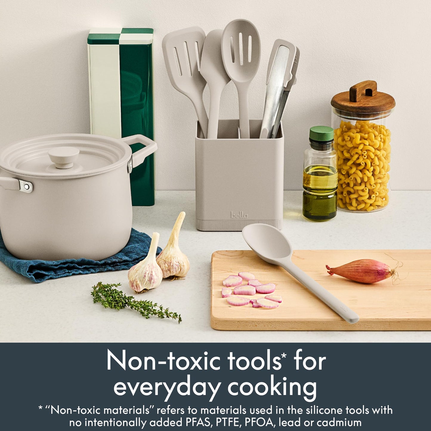 bella 6-Piece Modular Tool Set, Silicone, Turner, Spoon, Slotted Spoon, Spatula, Tongs, Crock with removable divider, Non-toxic*, Food-grade, Heat safe to 425°F, Dishwasher Safe, Slate