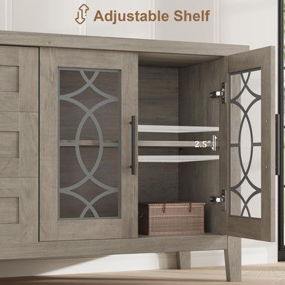 Farmhouse TV Stand for 75 Inch TV, Mid Century Entertainment Center with 3 Drawer & 2 Storage Doors, Wooden Media TV Console Table for Living Room, Bedroom-Grey