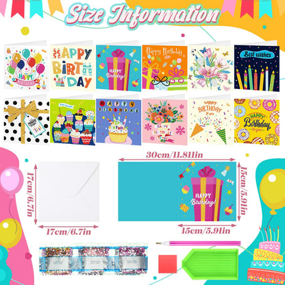 Saillong 12 Pack Happy Birthday Diamond Painting Greeting Card Kits DIY Diamond Art Cards with Envelopes Birthday Cake 5d Rhinestones Painting Kits for Adults DIY Crafts Family Friend Birthday Gifts