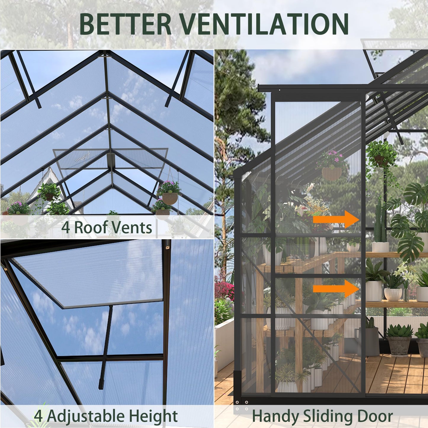 Greenhouses for Outdoors, 8x16 FT Polycarbonate Greenhouses with 4 Adjustable Roof Vents, Walk-in Aluminum Frame Green Houses for Outside with Sliding Doors Windproof, Garden