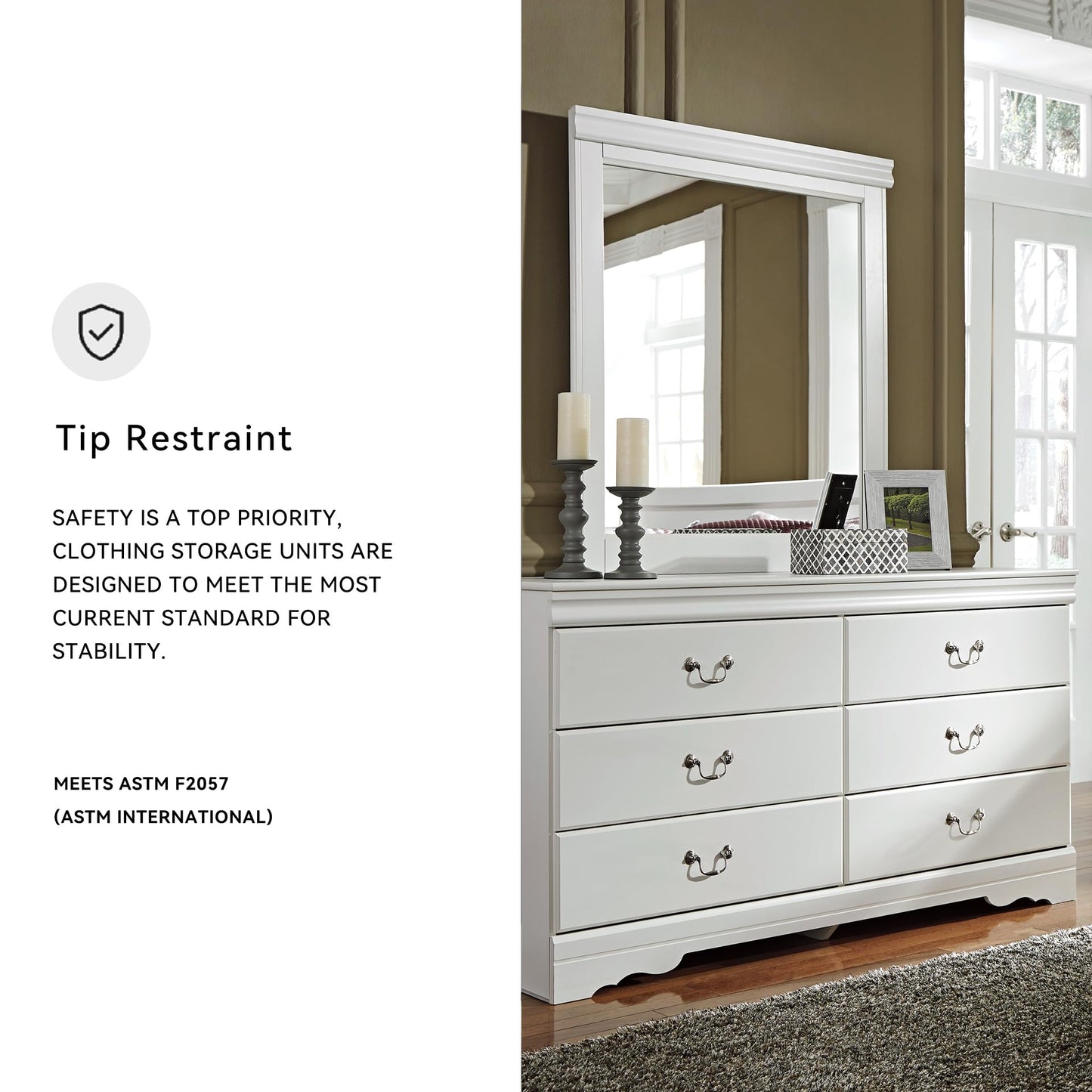 Signature Design by Ashley Anarasia Traditional Smooth-Gliding 6-Drawer Dresser and Mirror with Safety Stop, White
