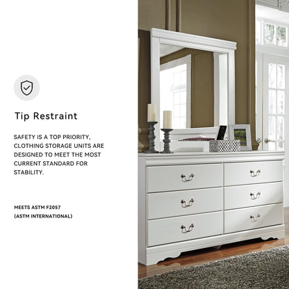 Signature Design by Ashley Anarasia Traditional Smooth-Gliding 6-Drawer Dresser and Mirror with Safety Stop, White
