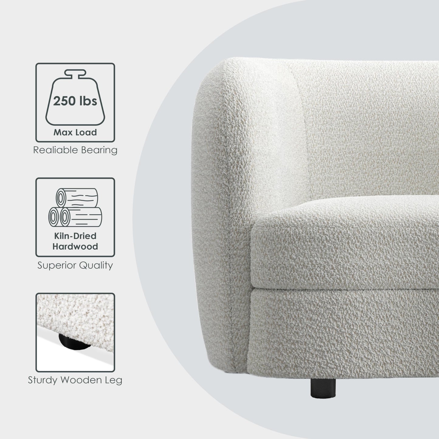 Furniture of America Nimiane Modern Boucle Barrel Chair with Curved Arms and Wooden Legs, Fabric Upholstered Armchair, Comfy Sofa Chair for Living Room, Bedroom, Home Office, Off-White