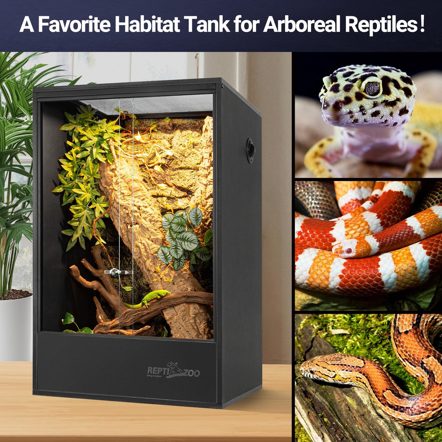 REPTI ZOO 67 Gallon PVC Tall Reptile Tank, 24 x18x36 inch Large Reptile Terrarium for Gecko Lizard Chameleon Frog Snake, Enclosure Habitat with Sliding Door & Top Screen Ventilation