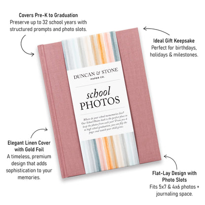Elegant School Memory Book Prek-12 - Durable School Photo Book w/Photo Spaces, Prompts & More - 70 Pages Kids Scrapbook for Easy Journaling (Mauve)