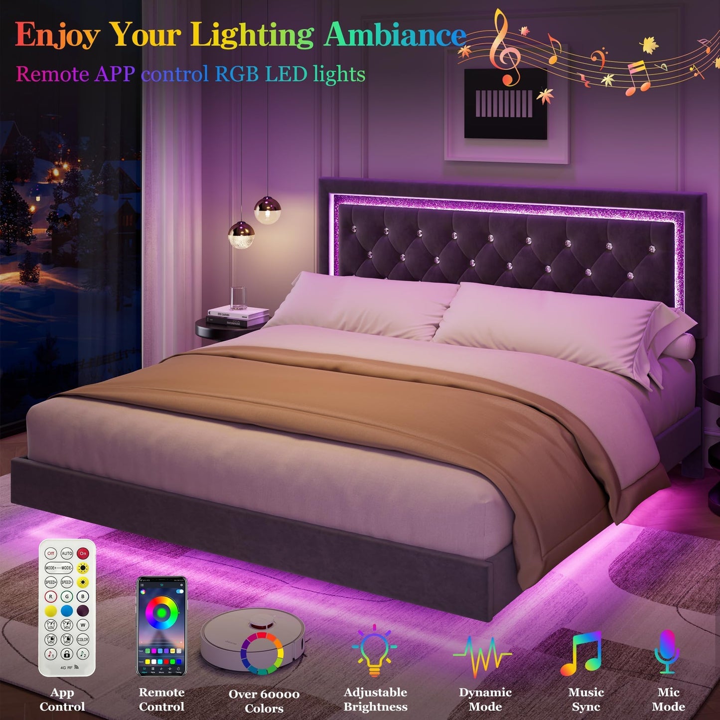 Floating Queen Platform Bed Frame with Smart LED Lights – Modern Diamond Upholstered Headboard, Noise-Free Wood Slats, Under-Bed Storage, Easy Assembly, Contemporary Bedroom Furniture, King Gray