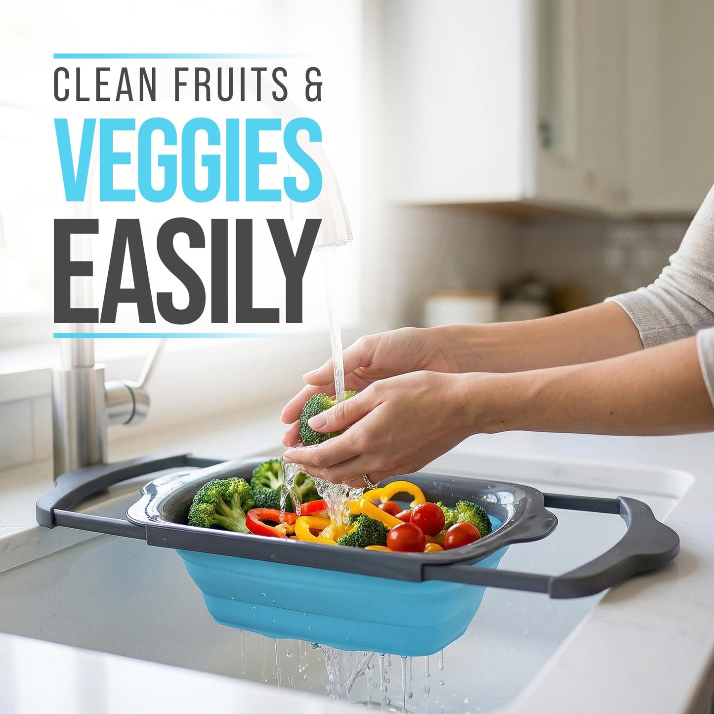 Comfify XL Large Kitchen Strainer - Collapsible Silicone Over - The-Sink Colander with Extendable Handles - Use with Pasta, Fruit, Berries & Veggie - 6 Quart - Blue