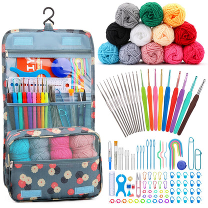 Pnytty Crochet Kit for Beginners Complete 130 Pieces Starters Knitting Kit with Crochet Yarn, Ergonomic Crochet Hooks and Crochet Accessories in Hangable Storage Bag