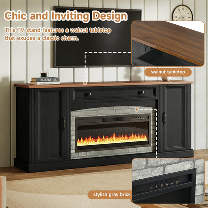 Merax Electric Fireplace TV Stand with Storage, Farmhouse Entertainment Center for Living Room, Heater Unit with Adjustable Shelves & Cable Management, MDF Wood Media Console Table, Black