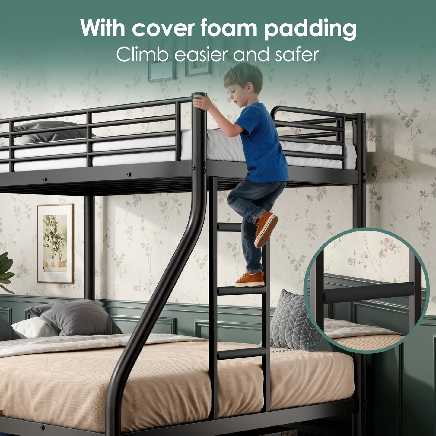 Cyranture Twin XL Over Queen Bunk Bed Size, Heavy Duty Bunk Beds with Bottom Space & Guardrail Metal Bunk Bed Frame for Adults Dorm Bedroom Guest Room, No Box Spring Needed（Upgrate Black）