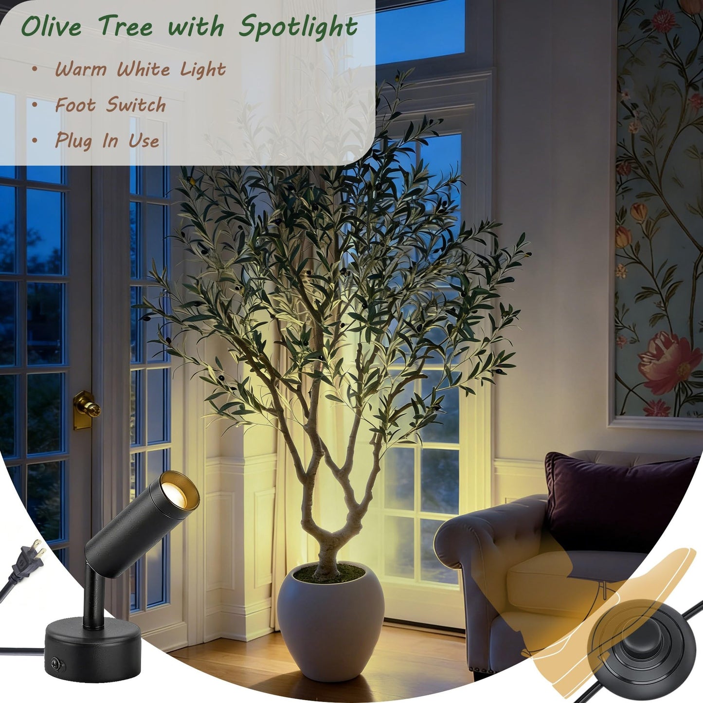 Bellacat 7ft Faux Olive Tree with Warm White Spotlight & 15''D x 13.5''H Large White Planter, 84in Fake Olive Tree with Lifelike Leaves& Fruits, Artificial Olive Tree Indoor for Home & Office Decor